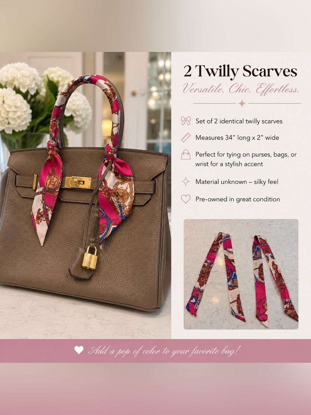 Set of 2 Pink & Cream Twilly Scarves – Purse Handle Wraps / Bag Accessories